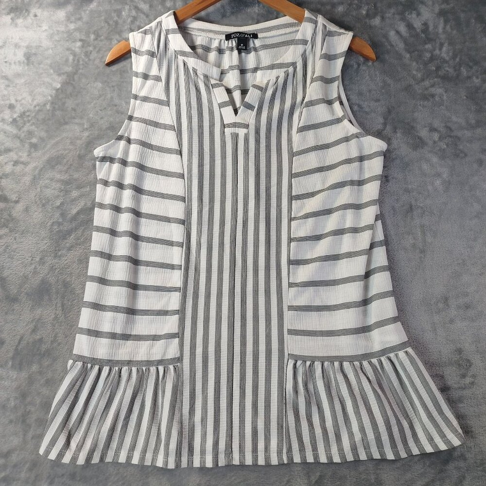 Roz & Ali Womens Sleeveless Tunic Top M White Gray Striped Pintuck Peplum Hem‎